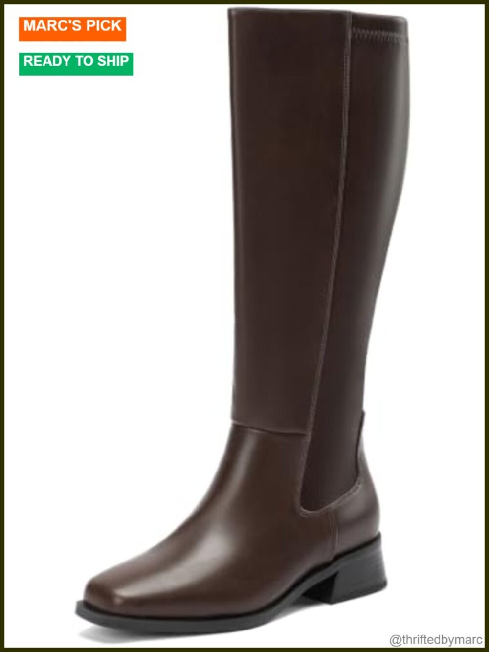 Wide Calf Knee High Boots Square Toe Low Block Heel Faux Leather